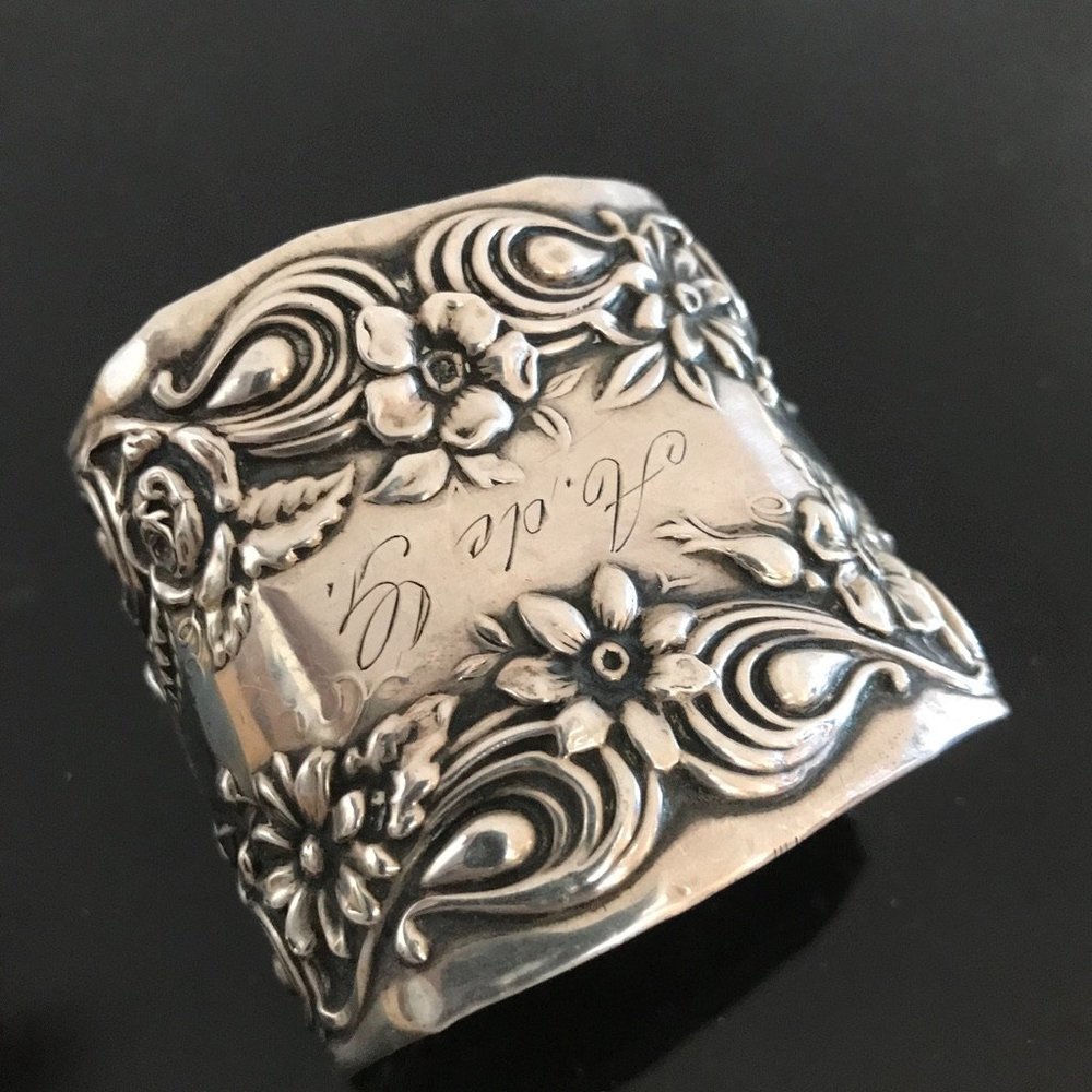 Floral Sterling Silver 925 Cuff Bracelet Antique Art Nouveau Spoon Ring Flowers - Picture 3 of 8